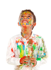 Poster - Funny boy with hands and face full of paint