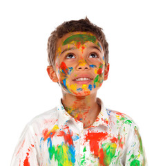 Poster - Funny boy with hands and face full of paint