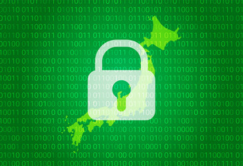 Sticker - Map of Japan. illustration with lock and binary code background. internet blocking,virus attack, privacy protect