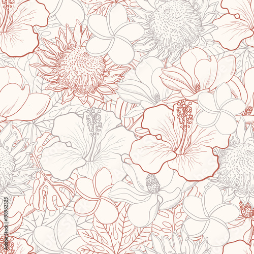 tropical-flowers-seamless-pattern-with-white-hand-drawn-exotic-blooms-of-hibiscus-protea-magnolia-and-plumeria-and-palm-leaves-with-colorful-line-contour-floral-vector-illustration-in-sketch-style