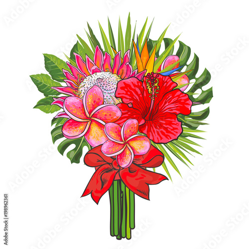 Bouquet of tropical flowers and green leaves with ribbon isolated on white ba...