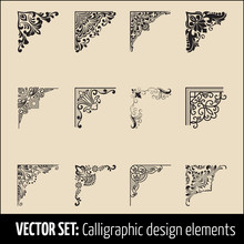 Vector Set Of Calligraphic And Page Decoration Corner Design Elements. Elegant Elements For Your Design. Modern Handwritten Calligraphy Elements. Vector Ink Illustration