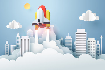 Wall Mural - Paper art of spaceship launch from city to the sky