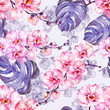 Seamleass pattern made of pink orchid flowers with contours and large puple monstera leaves on light lilac background. Watercolor painting. Hand drawn.
