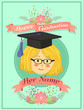 Happy Graduation greeting card with a glasses woman in mint green background.