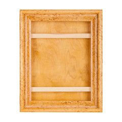 Golden natural color is an empty lacquered wooden frame for photographs, paintings or ikon. Isolated over white background