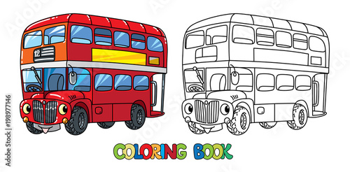 Funny small London bus with eyes. Coloring book Poster