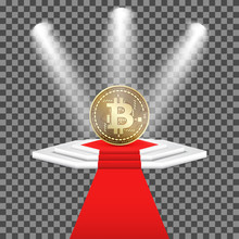Vector Golden Coin Of Cryptocurrency Bitcoin On Illuminated Podium With Red Carpet. Isolated On Transparent Background.
