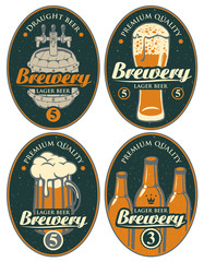 Wall Mural - Set of vector labels or banners for lager beer and brewery, with calligraphic inscription on old paper background in oval frame