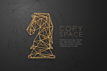 Chess Knight Wireframe Polygon Golden Frame Structure, Business Strategy Concept Design Illustration Isolated On Black Gradient Background With Copy Space, Vector Eps 10