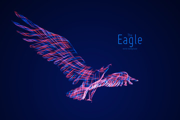 Vector Eagle in flight from abstract swirl lines. Eagle in motion, blue and red lines. Concept of freedom, power, flight. Conceptual illustration with sense of volume and motion.