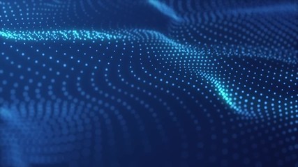 Poster - abstract blue cg motion waving texture with glowing defocused particles. cyber or technology digital