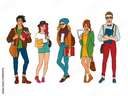 Vector Sketch Young Teen Students Set Girls Boy In Modern Casual