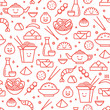 Vector outlined iconic seamless pattern of Chinese food. Traditional food of different places of China like noodles, dim sum, ramen and spring rolls.