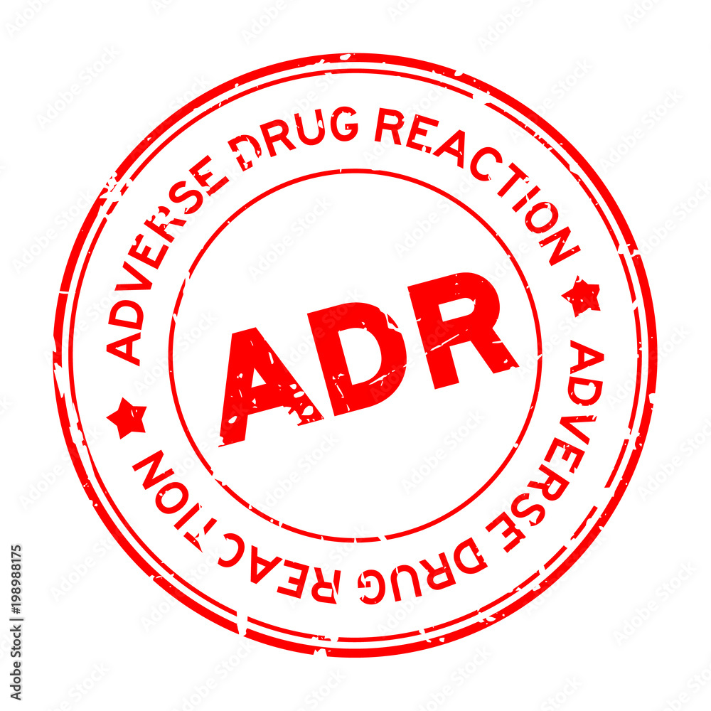 Grunge red ADR (Abbreviation of Adverse Drug Reaction) round rubber ...