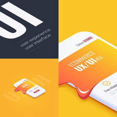 Poster - Conceptual banner, booklet, brochure,card. User experience, user interface. 3d phone with the layout of the web page. Mobile application. Abstract background