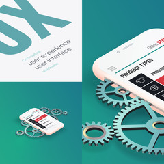 Poster - Conceptual banner, booklet, brochure,card. User experience, user interface. 3d phone with the layout of the web page. Mobile application. Abstract background