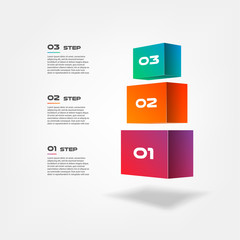 3d blocks infographics step by step. Element of chart, graph, diagram with 3 options - parts, processes, timeline. Vector business template for presentation, workflow layout, annual report, web design