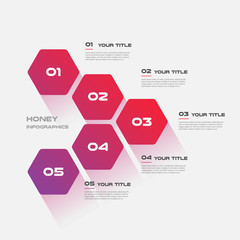 Poster - Honeycombs, gradient infographics step by step. Element of chart, graph, diagram with 5 options - parts, processes, timelines. Vector business template for presentation.Abstract background