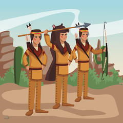 Sticker - American indian warriors at village cartoon vector illustration graphic design