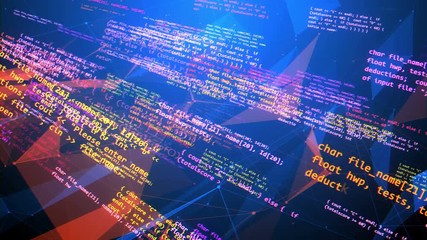 Poster - An ultramodern 3d rendering of a slowly moving code program with beam looking white, pink and yellow texts, formulas, signs and symbols moving in the tunnel blue backdrop.  