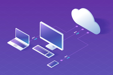 Cloud computing concept isometric vector illustration. Electronic devices, desktop computer, laptop and smartphone connected to cloud service, exchanging data.