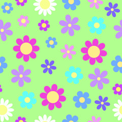 Wall Mural - cute stylized daisy flower seamless pattern on bright pastel colors on green background, vector eps10