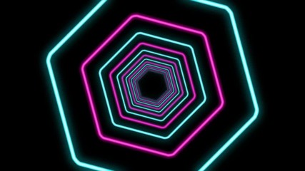 Poster - A futuristic 3d rendering of a hexagon looking tunnel in the black background. It is colorful and consists of blue, violet, turquoise, pink and purple figures put in one long row. Loopable.