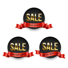 Poster - Set of round black badges with golden Sale word decorated with red ribbon isolated on white background. Vector promotion design elements.