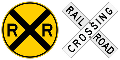 vector illustration of two railroad crossing signs: a round sign and a crossbuck.