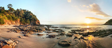 High Resolution Wide Panorama Of Sunset On Koh Lanta Beach During Low Tide.