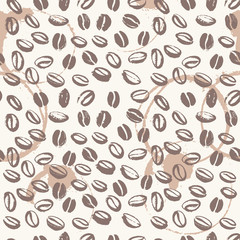 Wall Mural - Vector seamless pattern with hand drawn coffee beans isolated on white background. Stamp coffee seeds, stains & texture. Perfect for packaging paper, package design, banners etc.