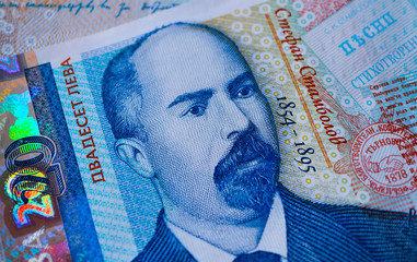 Sticker - Bulgarian currency BGN banknote, 20 leva, macro. Depicts a portraiture of Stefan Stambolov, politician, journalist and revolutionist.