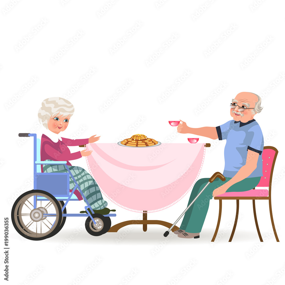 family eating dinner at home, happy people eat food together, mom and dad  sitting by dining table, old disabled grandmother and grandfather taste a  cake, husband wife drinking tea vector illustration Stock, image size:1000x1000
