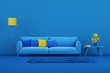 Interior design minimal style concept. Blue modern sofa in blue living room