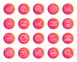 Aufkleber - Analysis, Statistics line icons. Set of Charts, Reports and Graphs signs. Data, Presentation and Communication speech bubbles. Global Statistics, hold Document and Checklist. Vector
