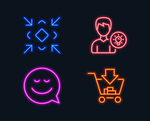 Neon lights. Set of Person idea, Smile and Minimize icons. Shopping sign. Lamp energy, Chat emotion, Small screen. Add to cart.  Glowing graphic designs. Vector