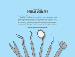 Layout Dental tools illustration vector on blue background. Dental concept.