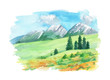 Illustration landscape with Swiss Alps and flowers on the green grass. Hand painted in watercolor. Isolated  on a white background.