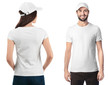 Young people in stylish t-shirts and caps on white background, front and back views. Mockup for design