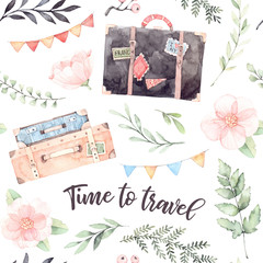 Wall Mural - Hand drawn watercolor seamless pattern. Time to travel. Fashion suitcases with stickers, flowers, Lettering, garland with flags. Trip to World. Perfect for invitations, greeting cards, prints, flyers