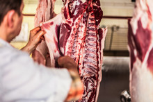 Close Up Of The Ribs And Raw Meat Of A Fresh Killed Pig Hanging At The Slaughterhouse 