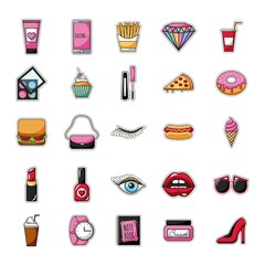 Sticker - patches fast food dessert female accessories background vector illustration