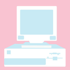 Poster - White with blue retro, vintage, hipster, old, female computer from the 80's, 90's with a system unit located below the monitor on a pink background. illustration.