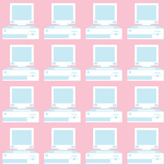 Poster - Pattern of blue and white, old, vintage, retro, hipster computers with convex monitors and floppy on a pink background. illustration.