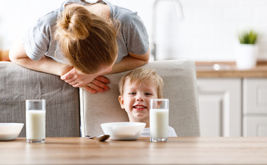 Sticker - family breakfast. mother feeding child son