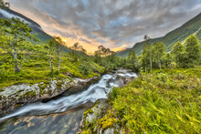 Sunset Over Small River Through Birch Forest In Norway