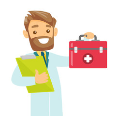 Wall Mural - Cheerful caucasian white doctor in medical gown holding a first aid box and a clipboard. Happy doctor showing a first aid kit. Vector cartoon illustration isolated on white background. Square layout.