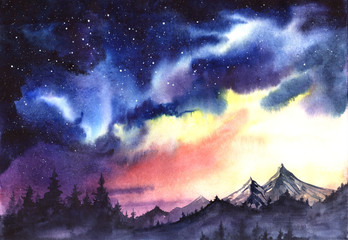 Wall Mural - Starry night over the peaked mountains peaks and the dark silhouette of the spruce forest. Hand drawn on a wet paper real watercolor Illustration.