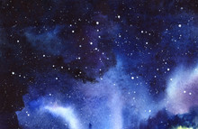 Night Starry Sky. Hand Drawn On A Wet Paper Real Watercolor Illustration.